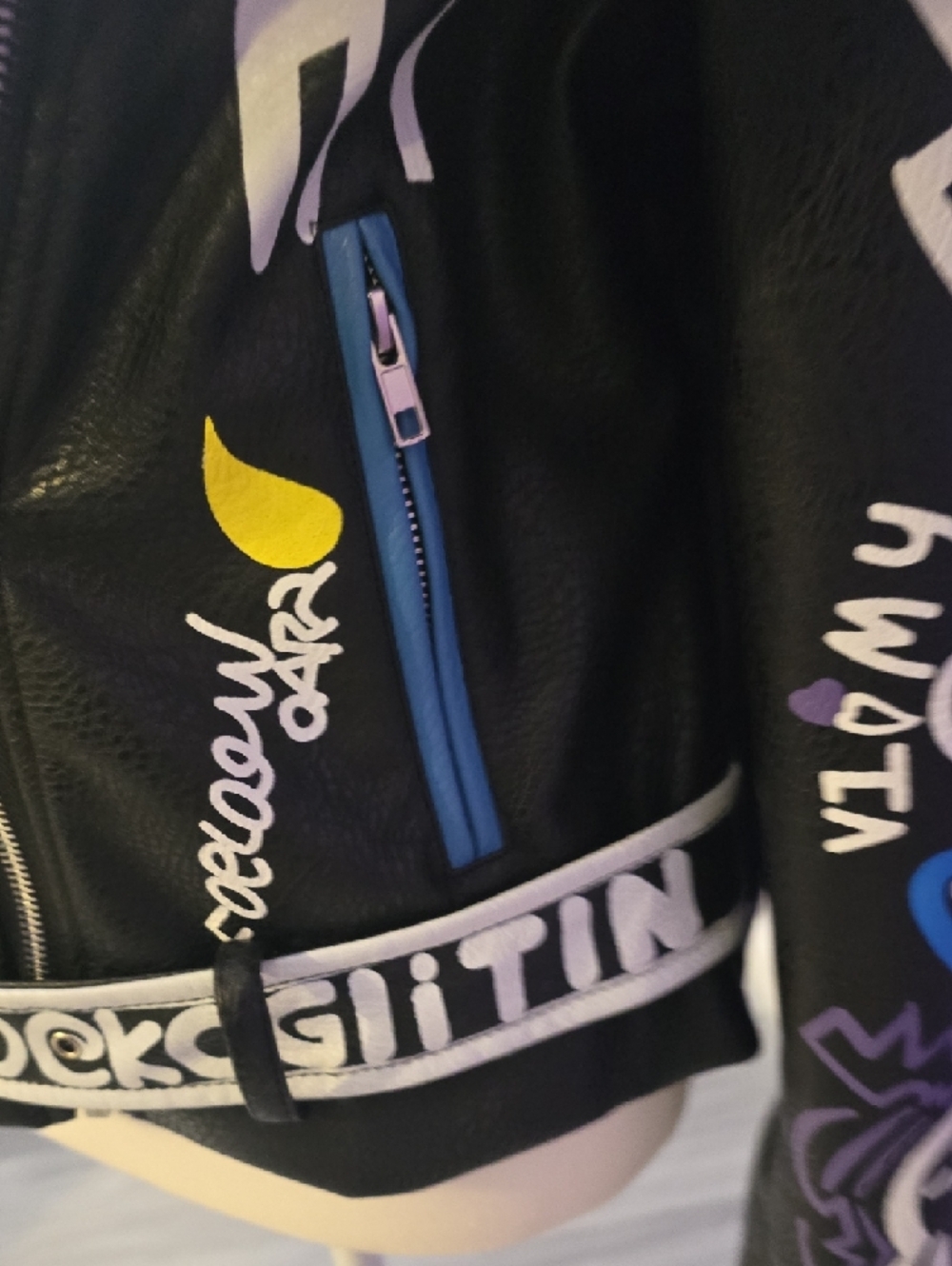 Painted Black Leather Biker Jacket with Multicolor Graffiti Accents - Picture 8 of 14